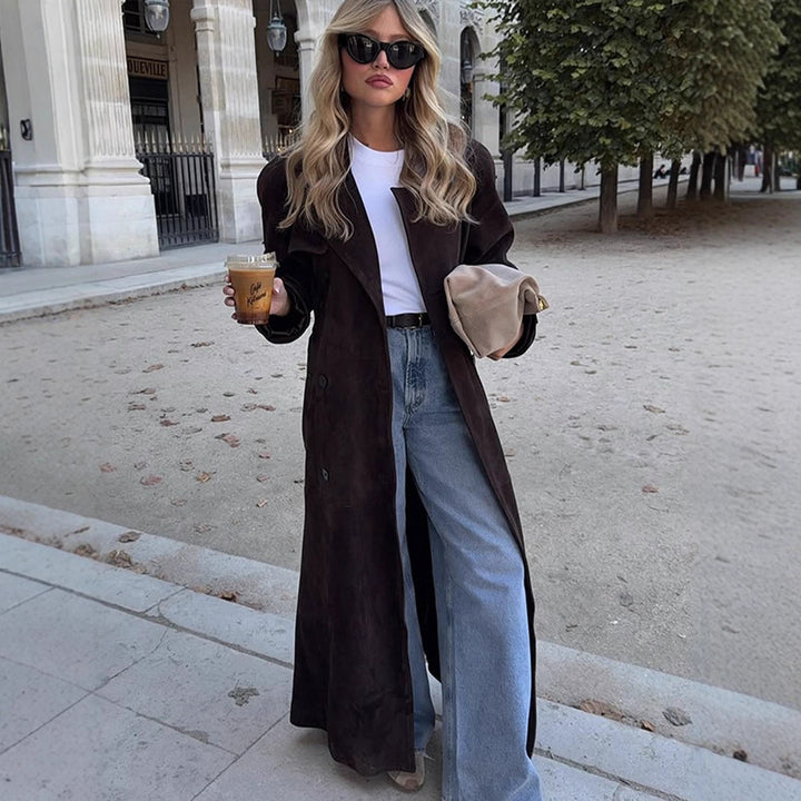 Women's Long Velvet Trench Coat with Tie Belt and Lapel Collar Mune Fashion