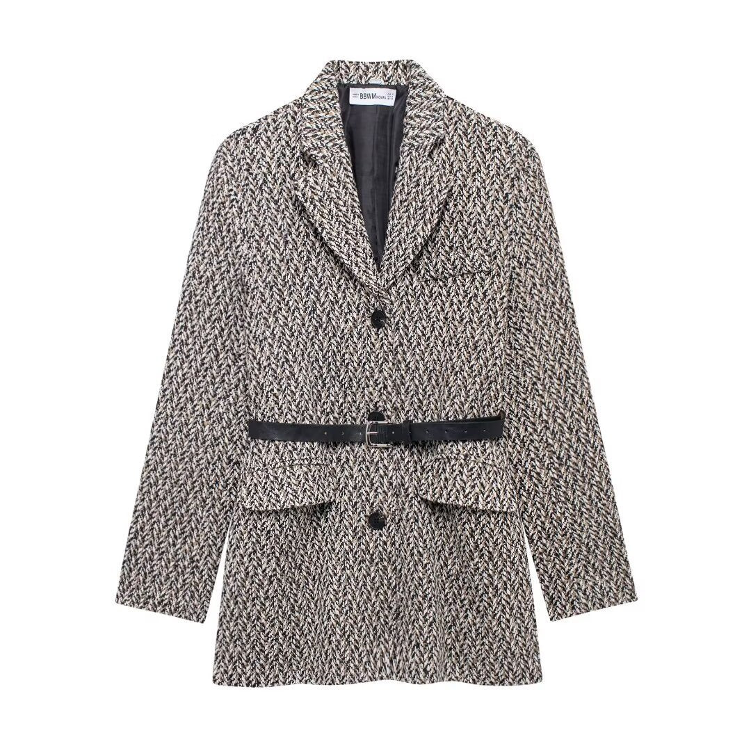 Women's Midi Length Boucle Tweed Blazer Jacket with Faux Leather Belt Mune Fashion