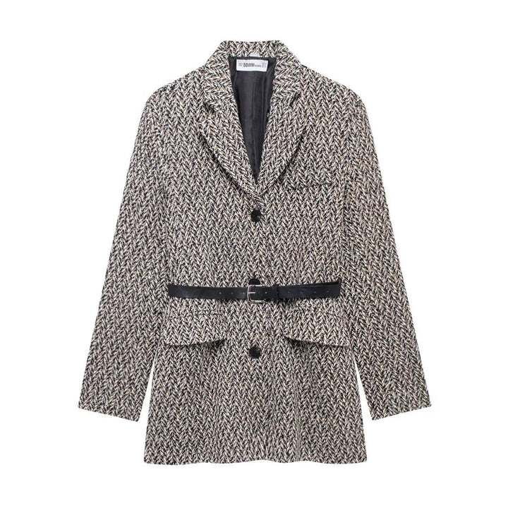 Women's Midi Length Boucle Tweed Blazer Jacket with Faux Leather Belt Mune Fashion
