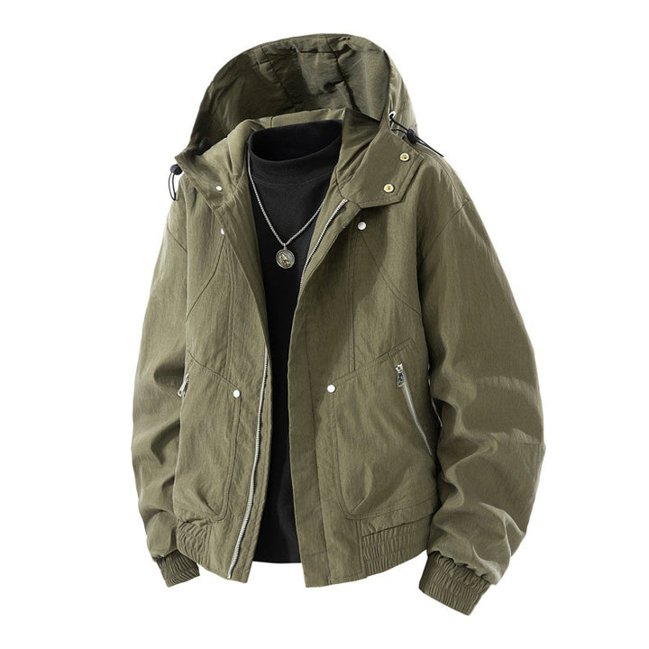 Men's lightweight utility hooded jacket with stowable hood, water-repellent coating, zippered pockets, and elastic cuffs Mune Fashion