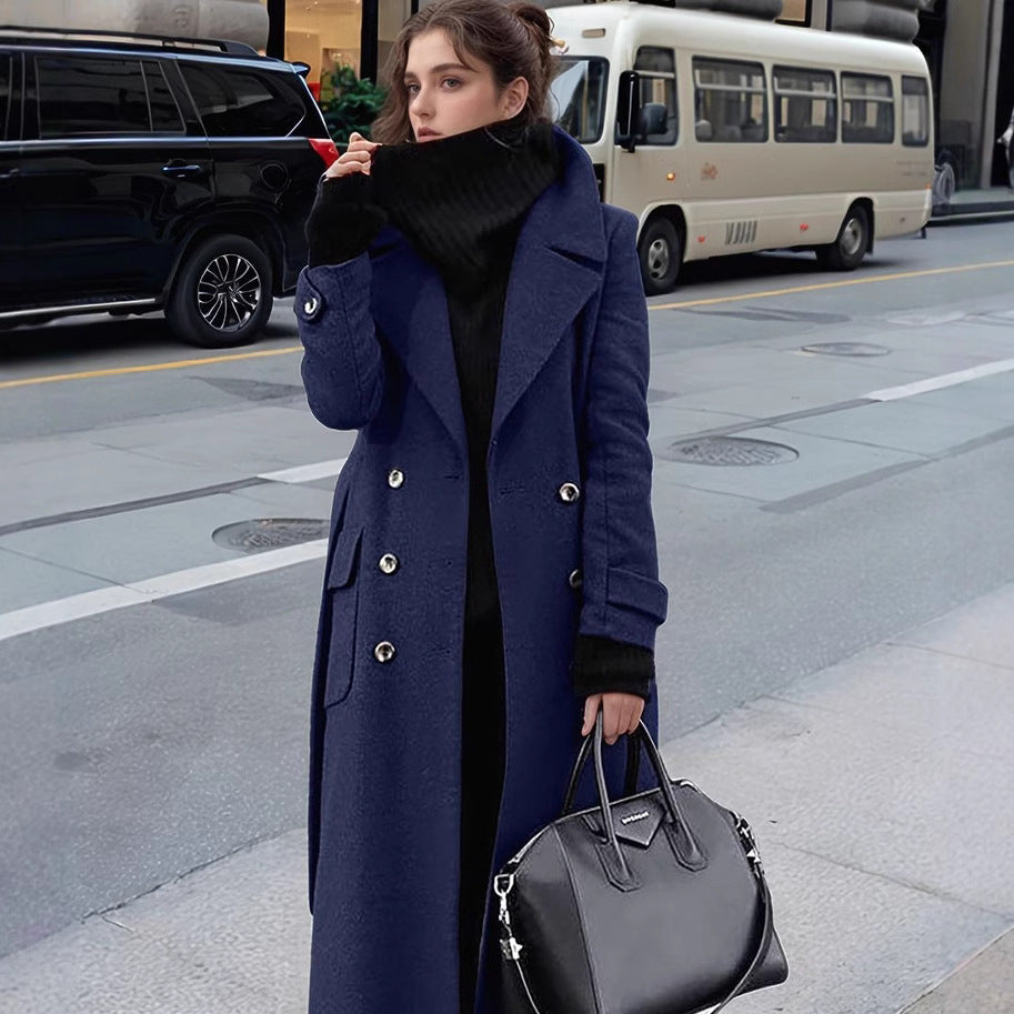 Women Long Double-Breasted Wool Blend Coat with Distinctive Lapels and Flap Pockets Mune Fashion