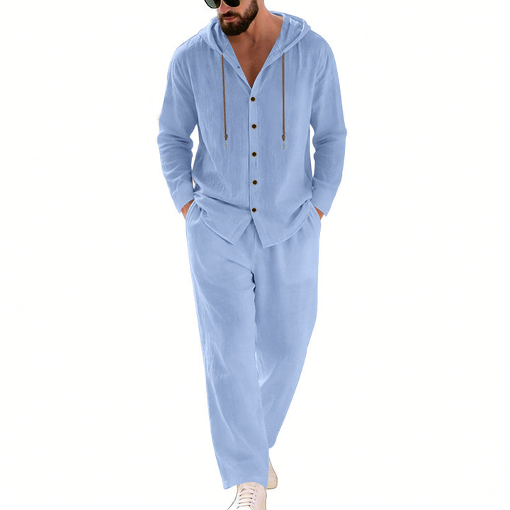 Men's two-piece lounge set with button hoodie shirt made of crepe jersey and straight drawstring pants Mune Fashion