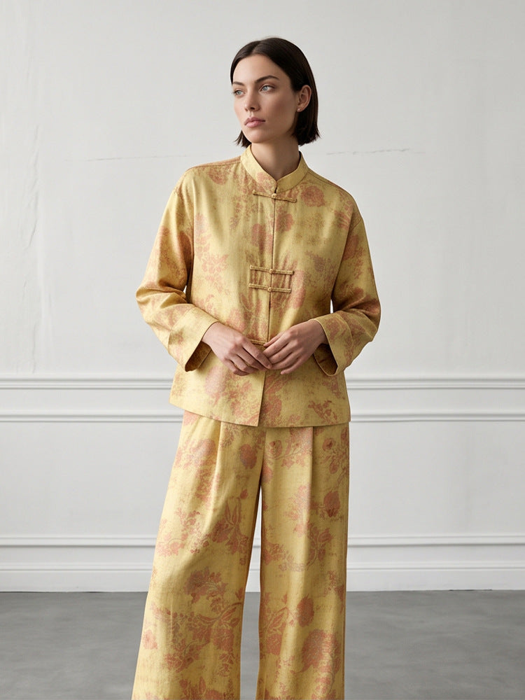 Womens Two-Piece Jacquard Set with Mandarin Collar and Wide Cut Trousers Mune Fashion