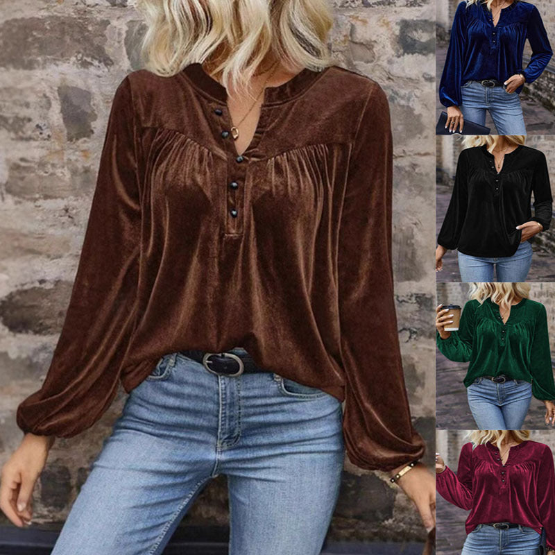 Women's velour sweatshirt with Henley button placket, gathered chest yoke, and relaxed silhouette Mune Fashion