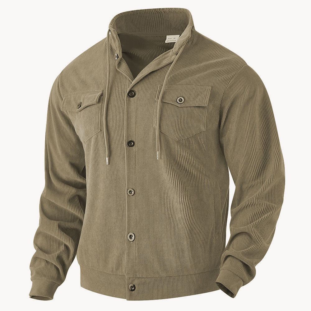 Men's structured cord worker jacket with hidden hood, snap button closure and patch breast pockets Mune Fashion
