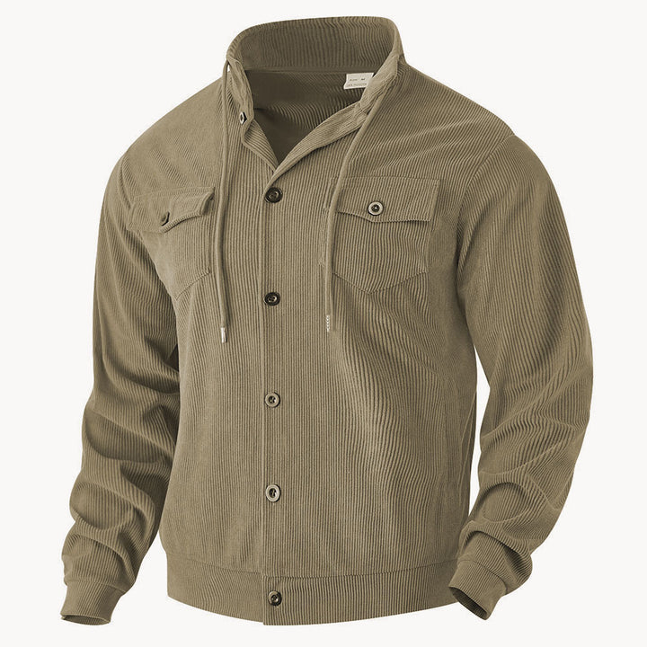 Men's structured cord worker jacket with hidden hood, snap button closure and patch breast pockets Mune Fashion