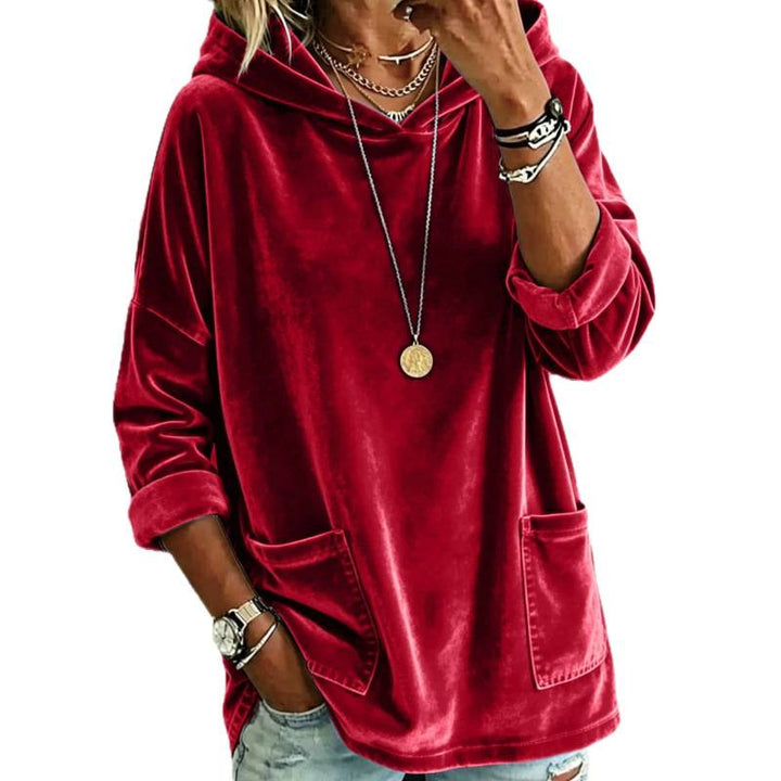 Women Velvet Hoodie with Hood, Oversized Cut and Applied Pockets Mune Fashion