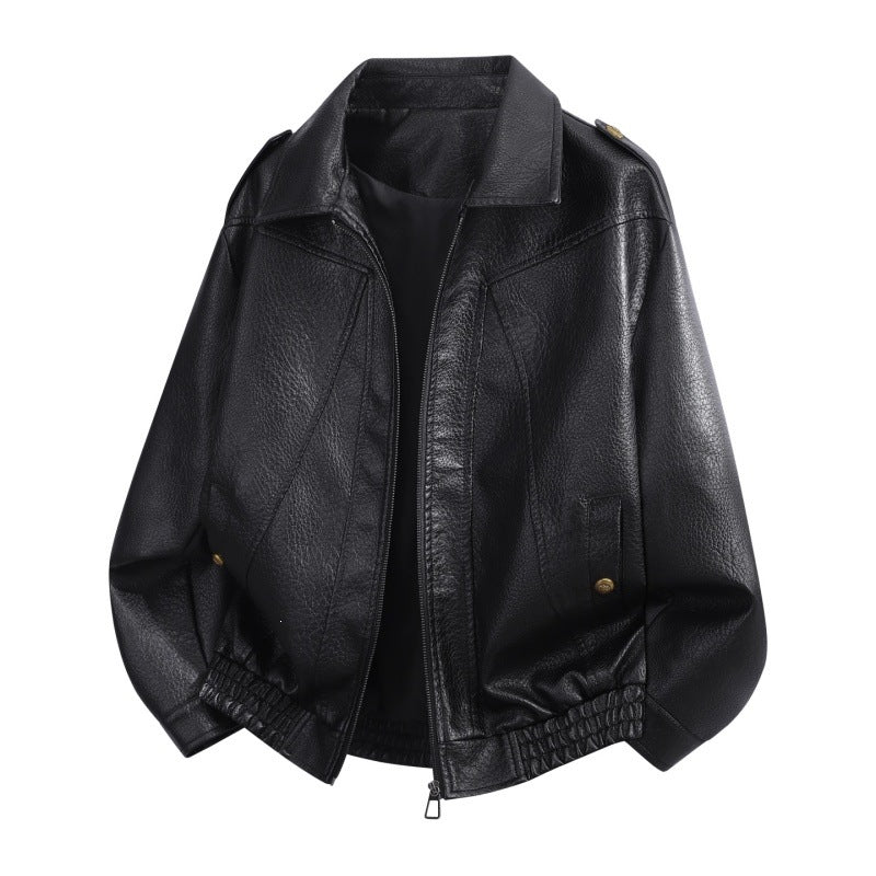 Men's Oversized Faux Leather Bomber Jacket with Epaulettes, Elastic Hem & Metal Buttons Mune Fashion