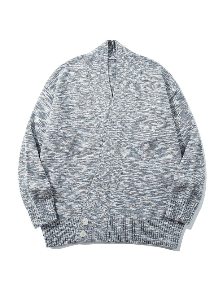 Women Oversize Knit Cardigan with Deep V-Neck, Button Placket at Hem and Melange Structure Mune Fashion