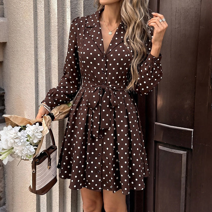 Women's Polka Dot Shirt Dress with Waist Belt and Swinging A-Line Mune Fashion