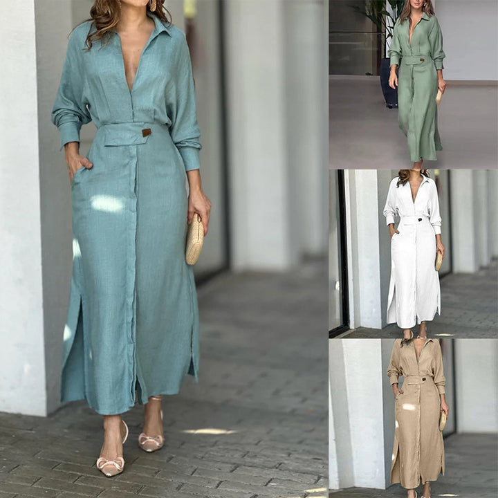 Women’s Linen Maxi Dress with Shirt Collar, Waist Belt and Side Slits Mune Fashion