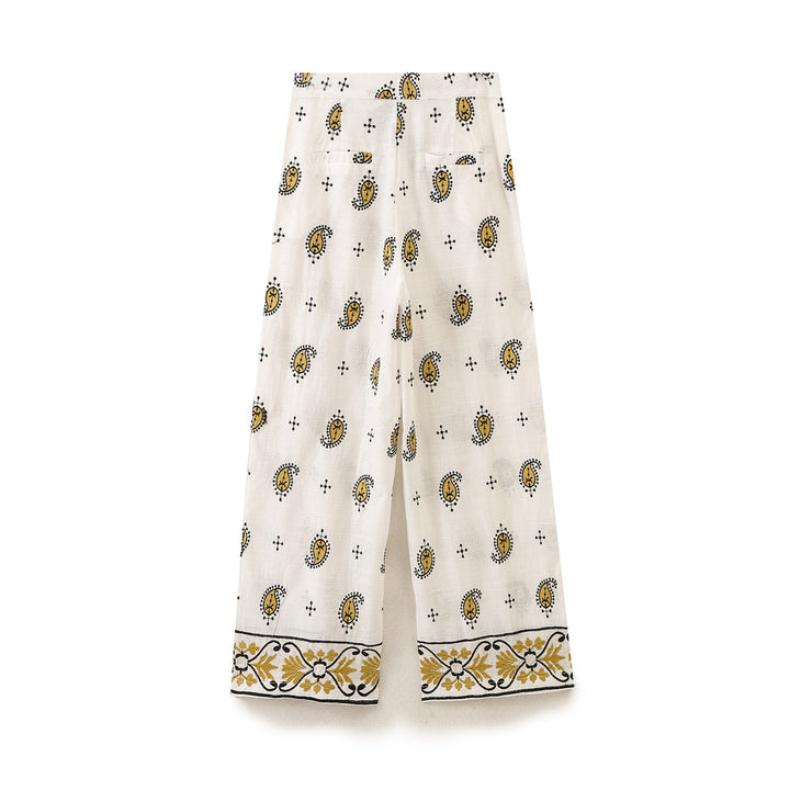 Women's Wide Linen Pants with Paisley Print and Embroidered Hem Mune Fashion
