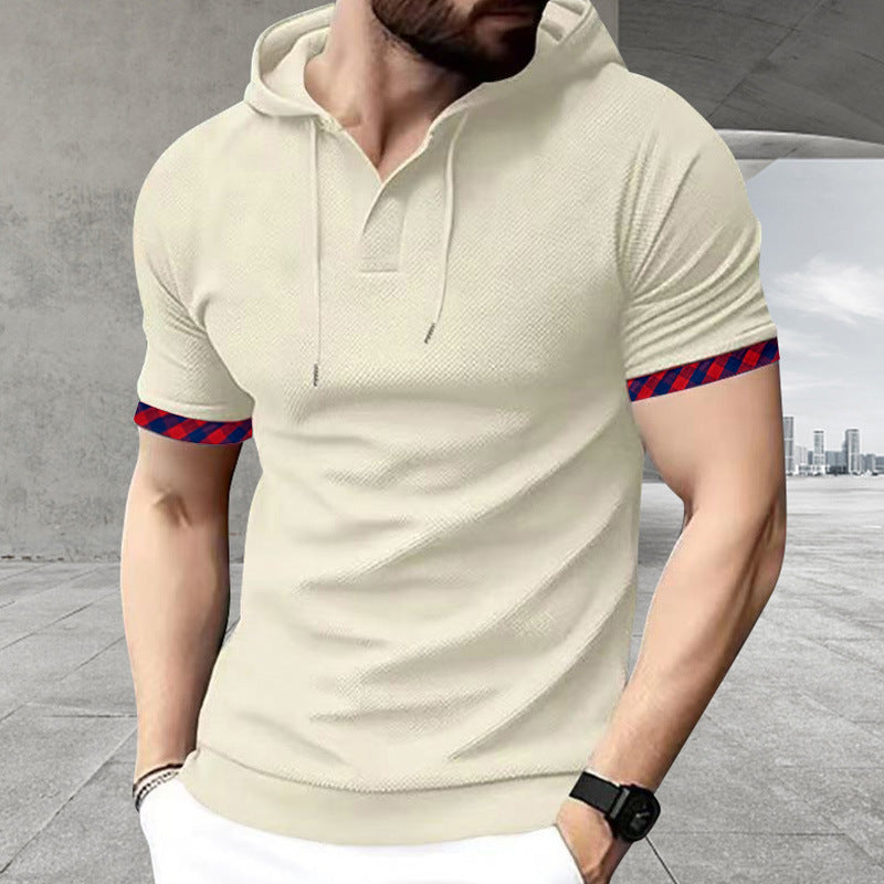 Men's slim fit short sleeve hooded shirt in polo style with Henley neckline and checkered sleeve cuff Mune Fashion
