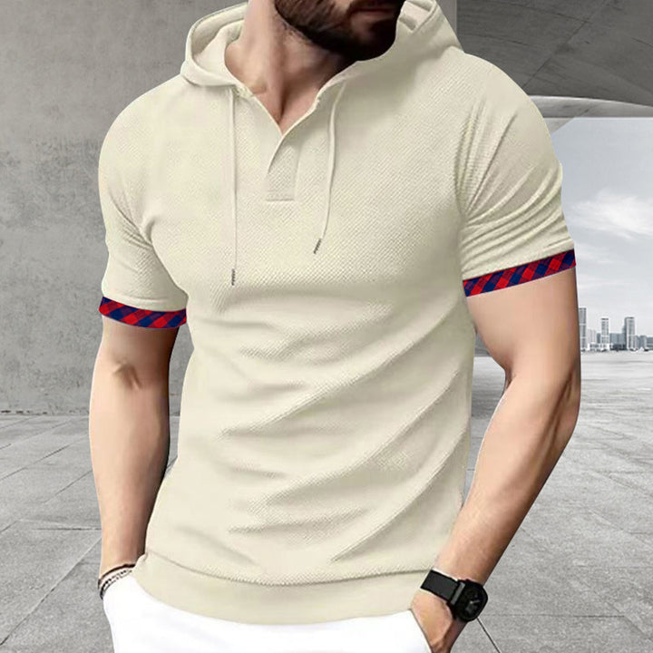 Men's slim fit short sleeve hooded shirt in polo style with Henley neckline and checkered sleeve cuff Mune Fashion