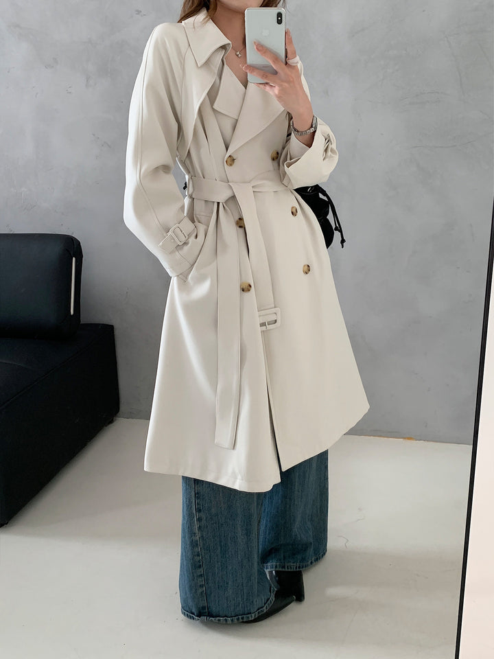 Women Boxy Midi Length Trench Coat with Soft Draping and Adjustable Cuffs Mune Fashion
