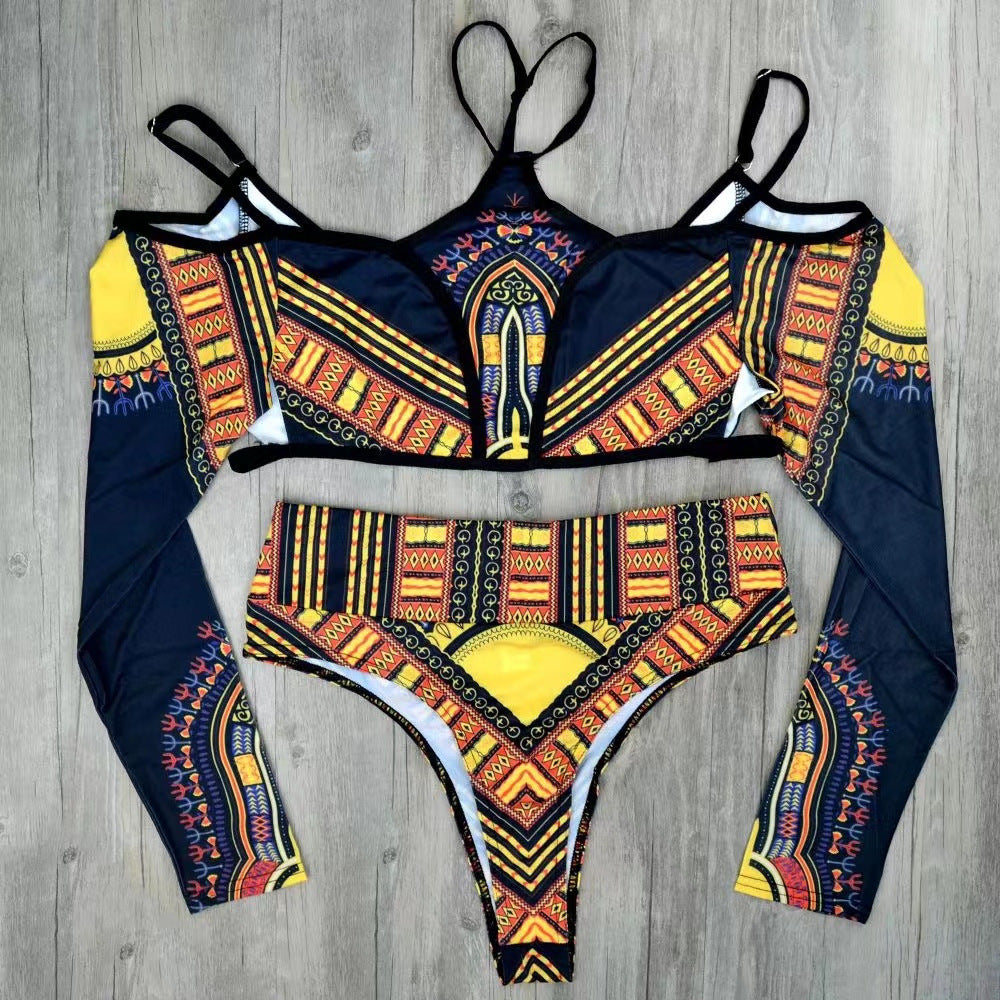 Women's Crop-Top Bikini with Long Sleeves and Innovative Pattern Mune Fashion