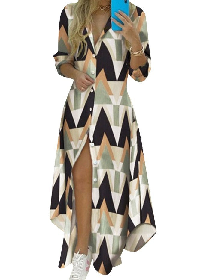 Women's buttoned maxi shirt dress with geometric pattern, V-neck, Kent collar, and high side slit Mune Fashion