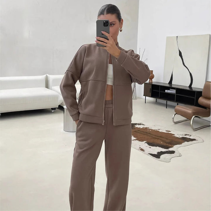 Women's Casual Zip Lounge Set with Stand Collar and Wide High Waist Jog Pants Mune Fashion