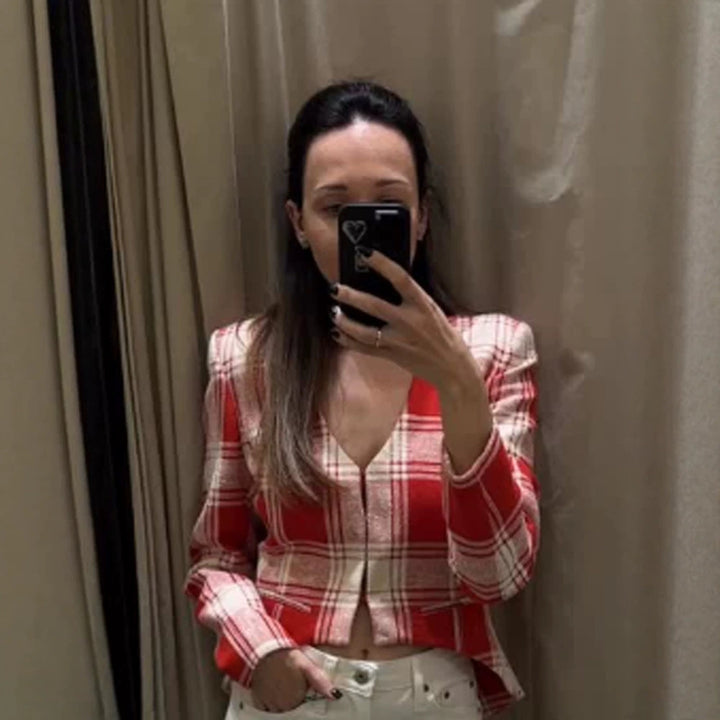 Women's Short Cut Tailored Check Blazer with Deep V-Neck and Flap Pockets Mune Fashion