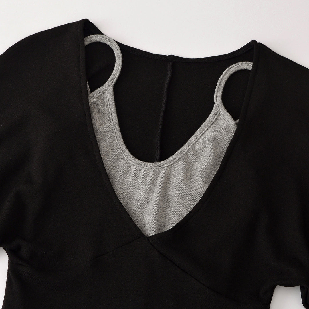 Women's Layered Look Long Sleeve Shirt with Deep V-Neck and Integrated Camisole Mune Fashion