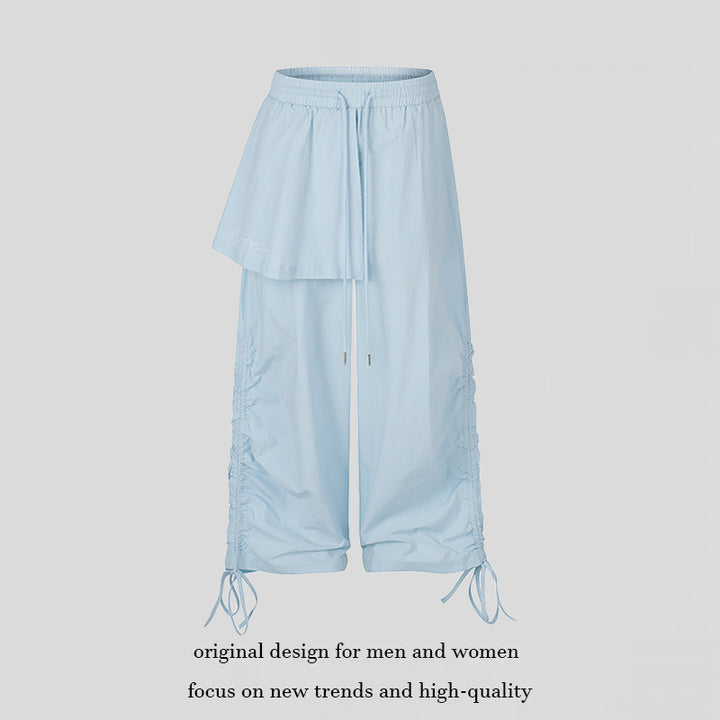 Women Wide Capri Pants with Drawstring, Side Gather and Asymmetrical Overlay Mune Fashion