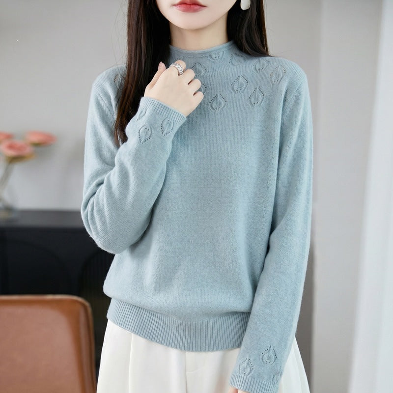 Women's Lightweight Stand Collar Sweater with Floral Lace Yoke and Fine Rib Edge Mune Fashion
