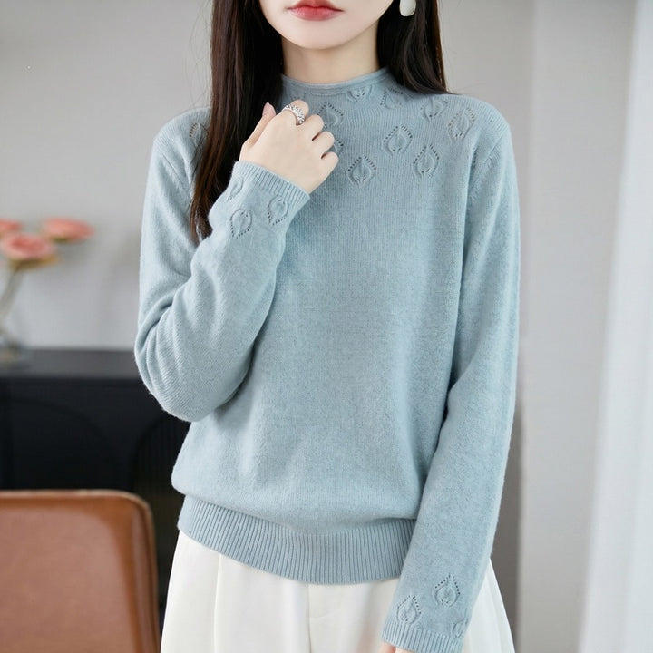 Women's Lightweight Stand Collar Sweater with Floral Lace Yoke and Fine Rib Edge Mune Fashion
