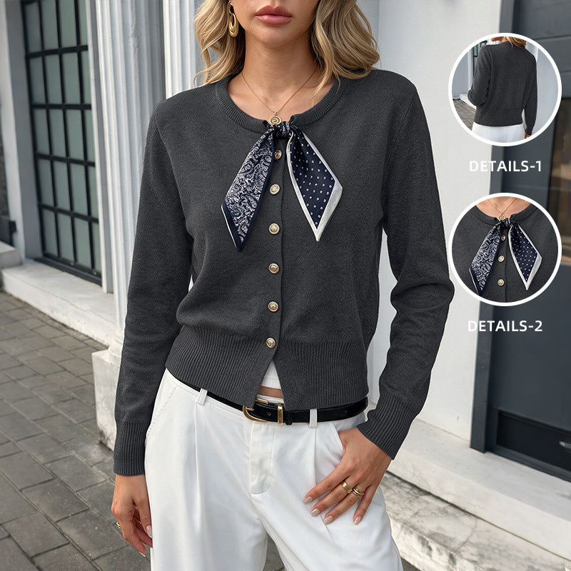 Ladies Stylish Cardigan with Button Placket and Silk Scarf Mune Fashion
