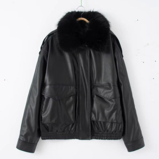 Ladies Oversized Faux Leather Bomber Jacket with Cozy Faux Fur Collar and Applied Flap Pockets Mune Fashion