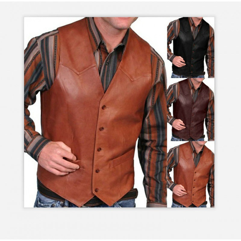 Men's tailored leather vest with western details, V-neck and two side pockets Mune Fashion