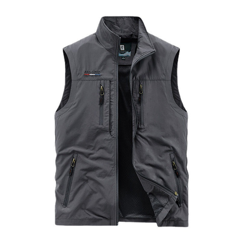 Men's nan multifunctional outdoor vest with mesh inner lining, multiple zippered pockets, and high stand-up collar Mune Fashion