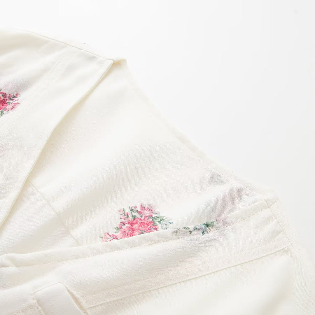 Women's Floral Jumpsuit with V-Neck, Zipper and Drawstring Waist