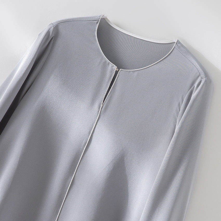 Women's Elegant Silk-like Blouse with Contrast Piping and Extended Cuffs Mune Fashion