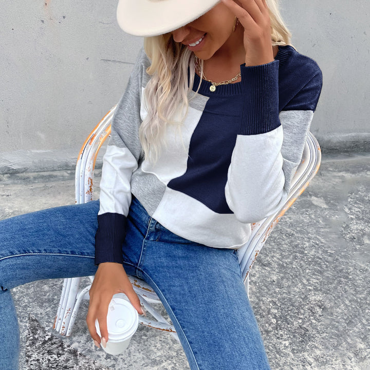 Women's casual fine knit sweater in block check pattern with ribbed hem and relaxed fit Mune Fashion