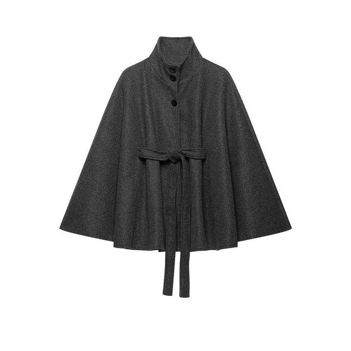 Women's Wool Cape Coat with Stand-up Collar, Button Closure and Belt Tie Drune