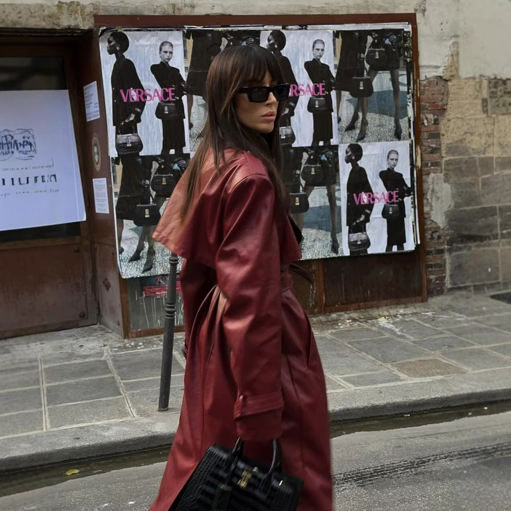Women's Long Faux Leather Trench Coat with Waist Belt, Wide Lapels and Water-Resistant Surface Mune Fashion