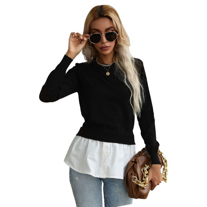 Women’s knitted sweater with integrated blouse trim and double-layer look Mune Fashion