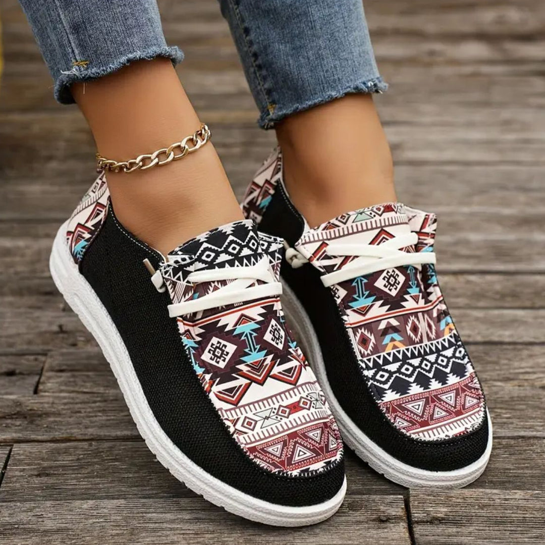Women's lightweight espadrille sneakers with ethnic print, jute trim, and non-slip rubber sole Mune Fashion