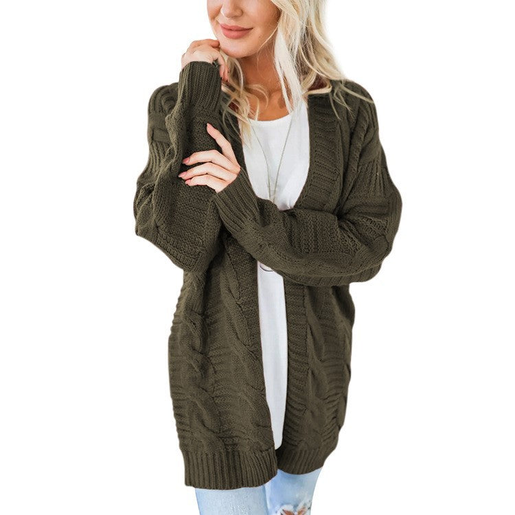 Women's long oversized knitted cardigan with cable pattern and V-neck Mune Fashion