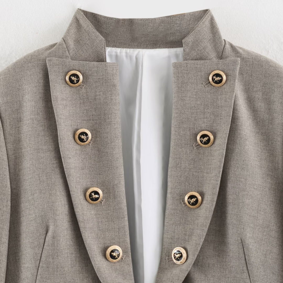 Women Cropped Military Blazer with Stand Collar, Double-Breasted Decorative Button Placket and Tailored Fit Mune Fashion