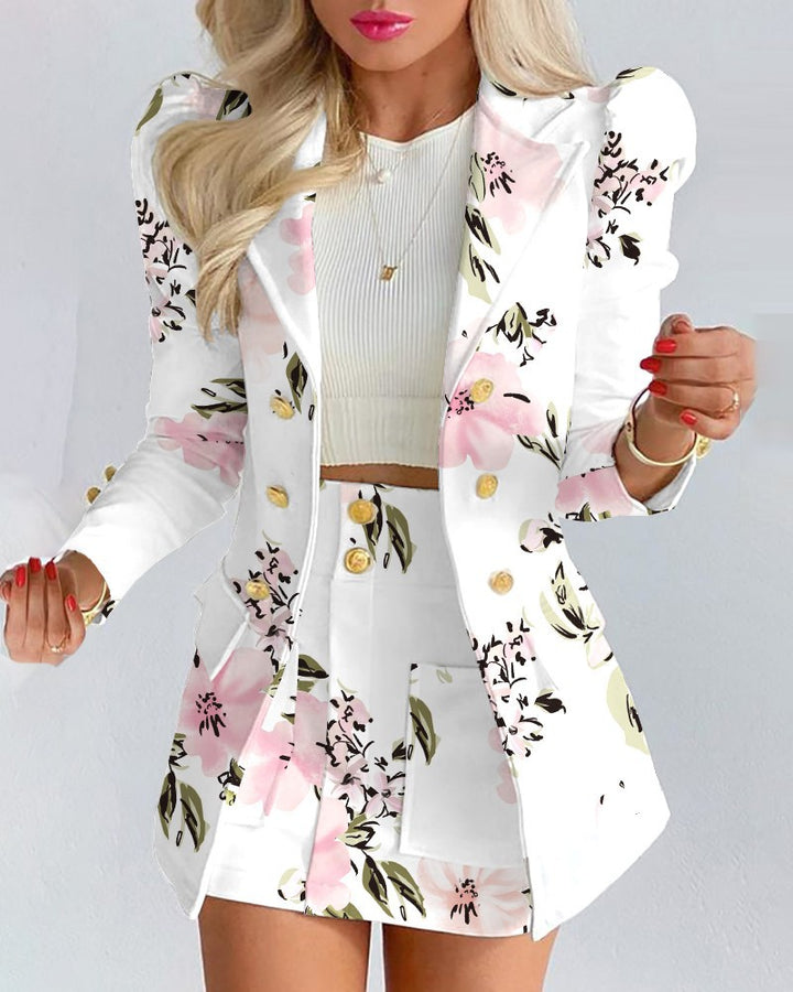 Women Two-piece checked blazer and mini skirt set with accentuated puff sleeves and gold buttons Mune Fashion