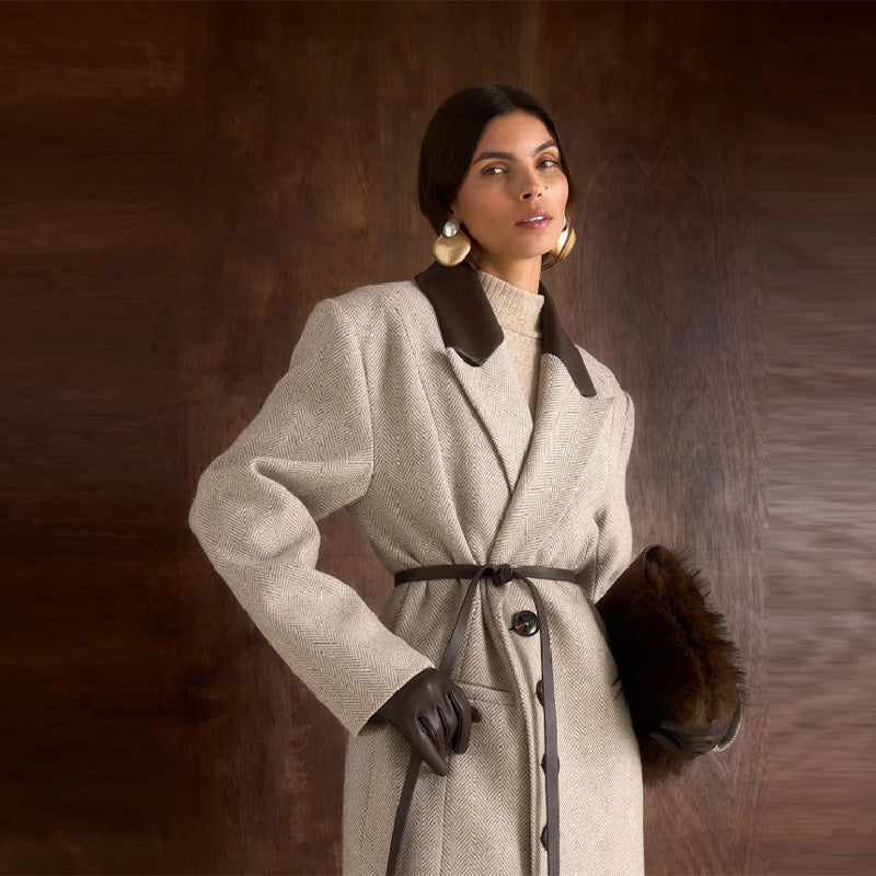Women Tailored Wool Blend Coat with Herringbone Texture, Contrast Leather Collar and Leather Belt Mune Fashion