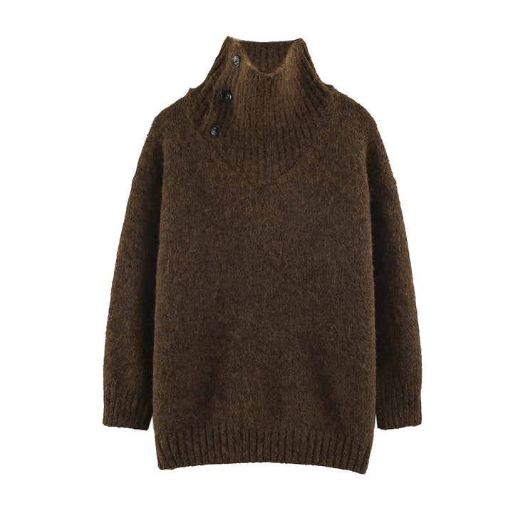Women's Oversized Knit Sweater with High Ribbed Collar, Button Detail and V-Neck Mune Fashion