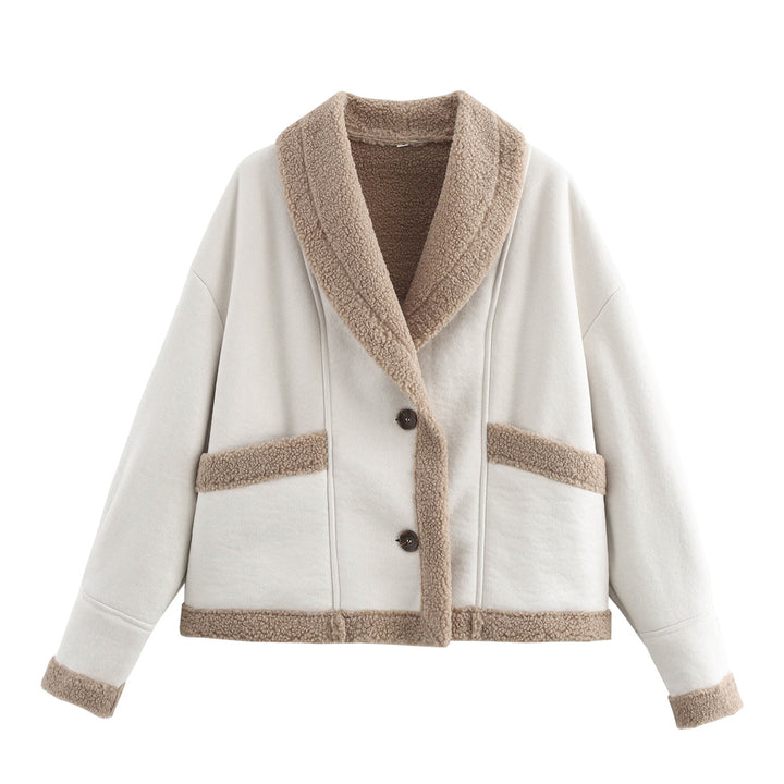 Women nan boxy short jacket in aviator look with large shawl collar and teddy lining Mune Fashion