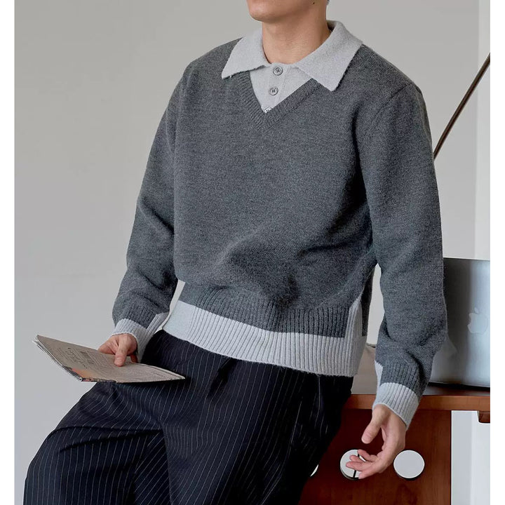 Men's Elegant Chunky Knit Sweater with Contrasting Collar Mune Fashion