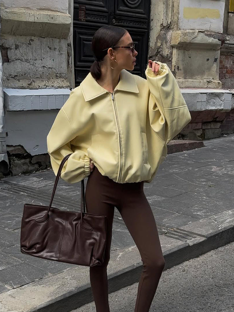 Women's Oversize Bomber Jacket with Oversized Balloon Sleeves and Zipper Mune Fashion