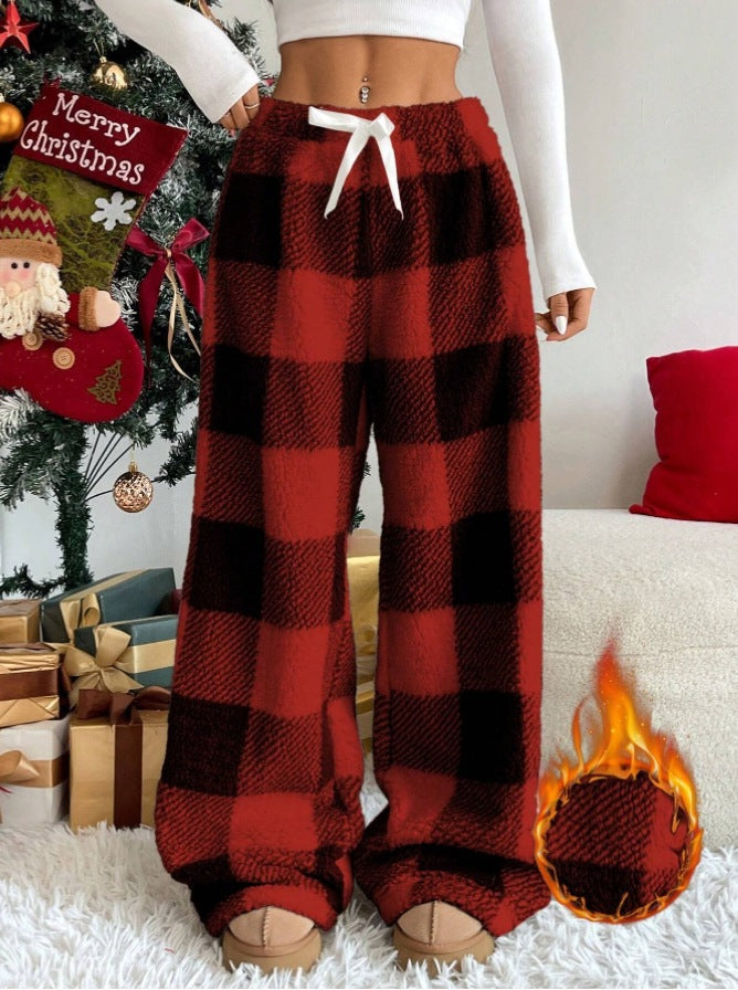 Women's cozy checked fleece pants with drawstring waistband and wide leg Mune Fashion