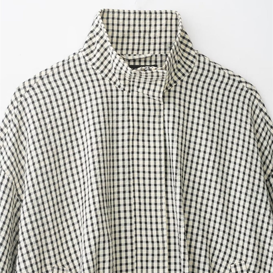Women Checked Cropped Boxy Blouson with Stand Collar and Side Pockets Mune Fashion