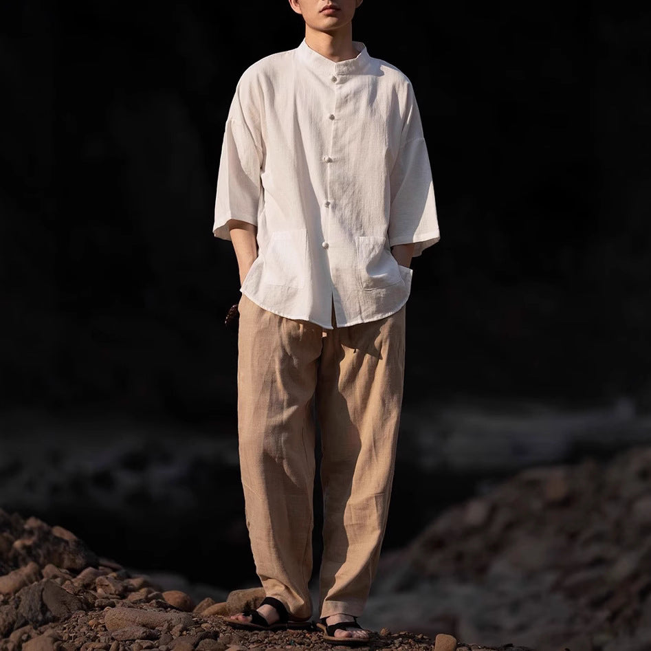 Men's Oversized Shirt in Kimono Style made of Linen-Cotton Mix with Stand-Up Collar Mune Fashion