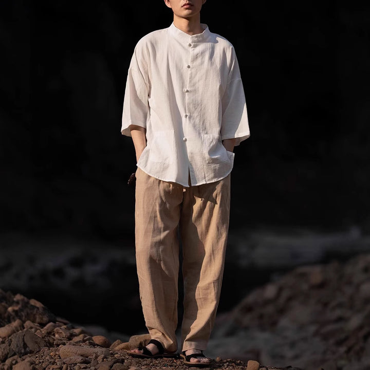 Men's Oversized Shirt in Kimono Style made of Linen-Cotton Mix with Stand-Up Collar Mune Fashion